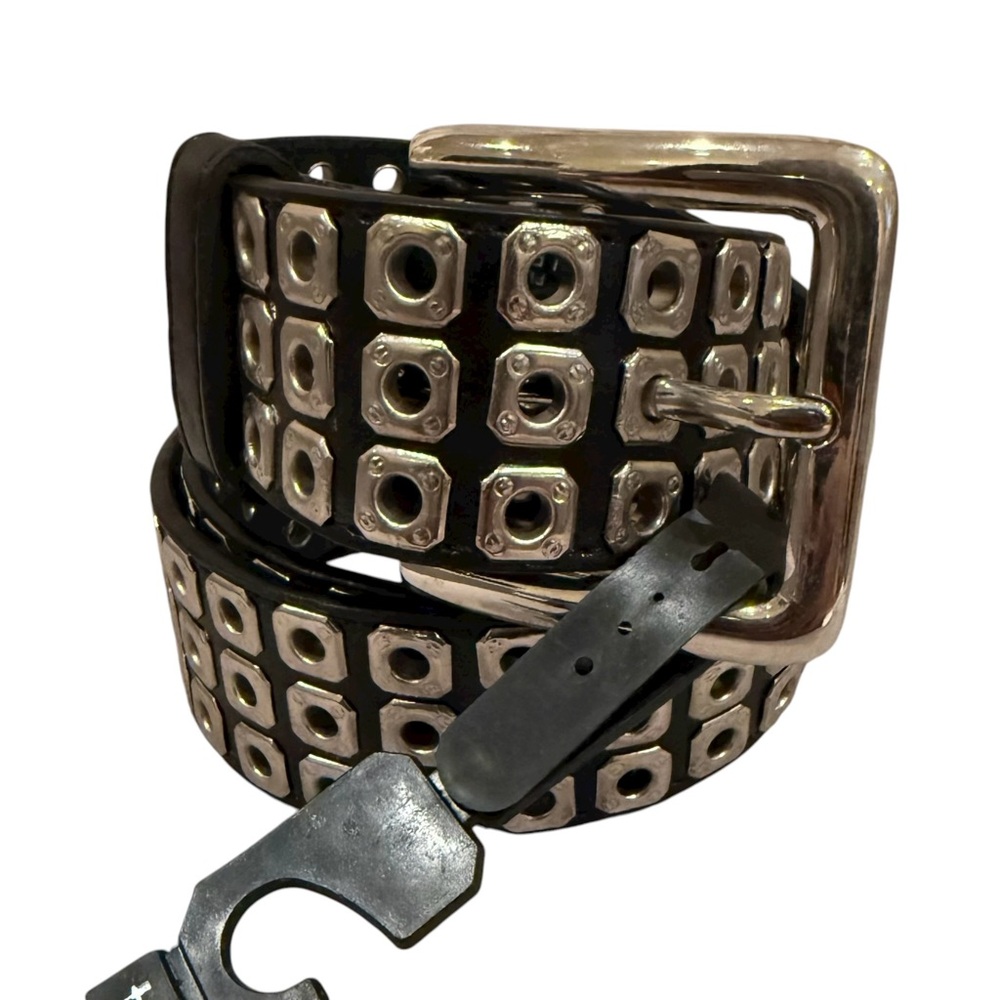 Vintage Black and Chrome Studded Punk Rock Belt Silver Eyelets Faux Leather Y2K